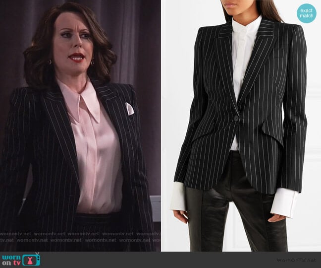 Pinstriped wool-blend blazer by Alexander McQueen worn by Karen Walker (Megan Mullally) on Will and Grace