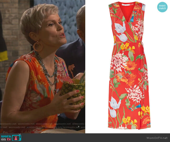 Tasia red printed silk wrap dress by Alice + Olivia worn by Bonnie (Stephnie Weir) on Happy Together