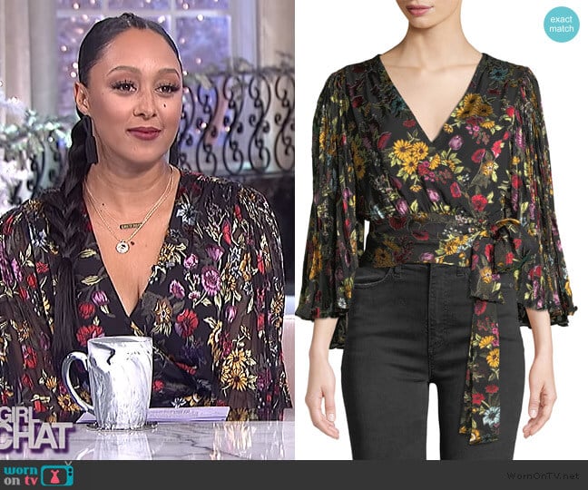 Bray Pleated-Sleeve Wrap Top by Alice + Olivia worn by Tamera Mowry  on The Real