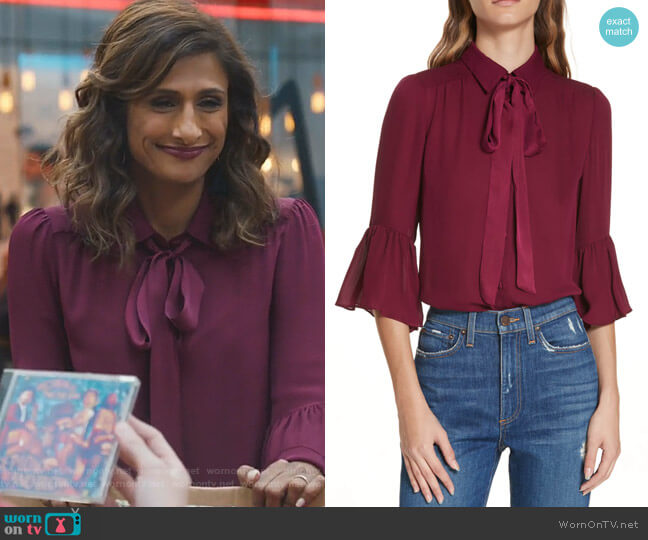 WornOnTV: Emet’s purple bell sleeve tie neck blouse on I Feel Bad ...