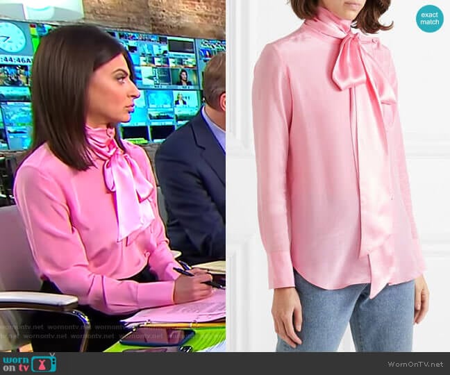 Asymmetric Pussy-Bow Silk-Crepe Blouse by Adam Lippes worn by Bianna Golodryga on CBS Mornings