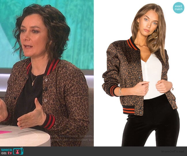 Leopard Jungle Bomber Jacket by Bailey 44 worn by Sara Gilbert on The Talk