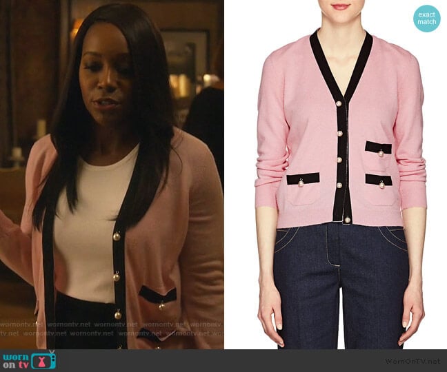 Embellished Knit Cashmere Cardigan by Barneys worn by Michaela Pratt (Aja Naomi King) on How to Get Away with Murder