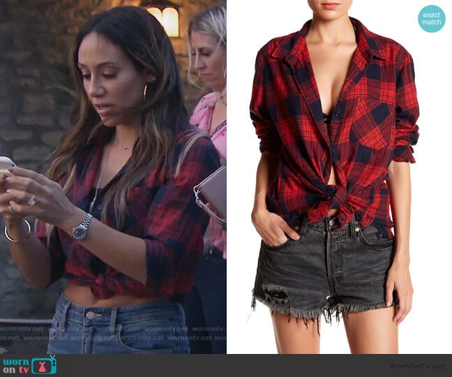 Elyse Plaid Frayed Hem Blouse by BeachLunchLounge worn by Melissa Gorga  on The Real Housewives of New Jersey