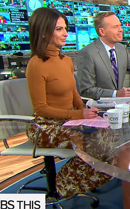 Bianna’s orange turtleneck sweater and printed skirt on CBS This Morning