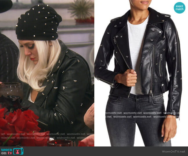 Dragonfly Stud Moto Faux Leather Jacket by BlankNYC Denim worn by Gina Kirschenheiter on The Real Housewives of Orange County