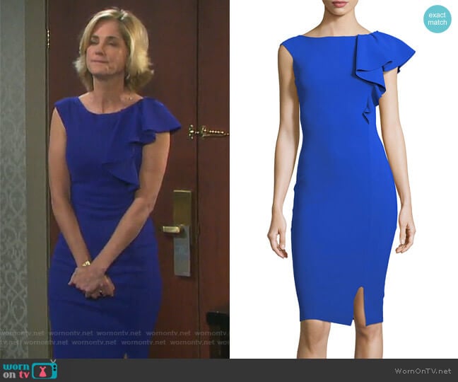 Chitra Asymmetric Ruffle Cocktail Sheath Dress by Chiara Boni La Petite Robe worn by Eve Donovan (Kassie DePaiva) on Days of our Lives