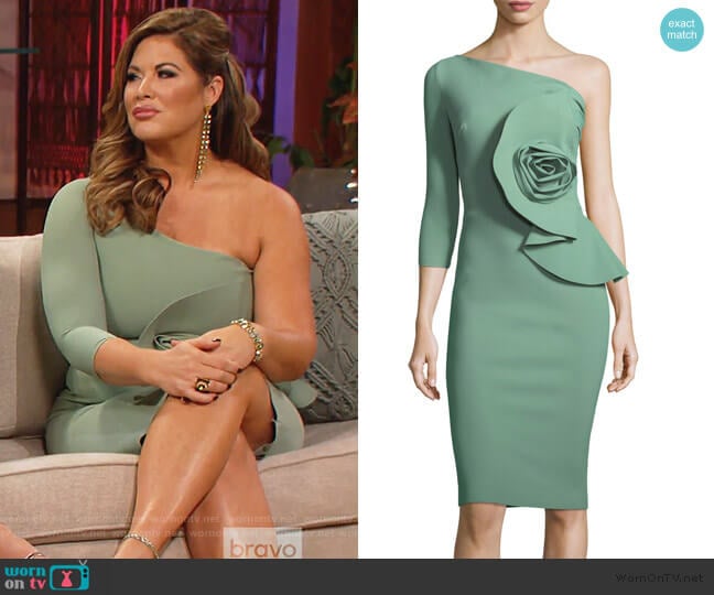 Noriko One-Shoulder Cocktail Dress with Rosette Detail by Chiara Boni La Petite Robe worn by Emily Simpson on The Real Housewives of Orange County