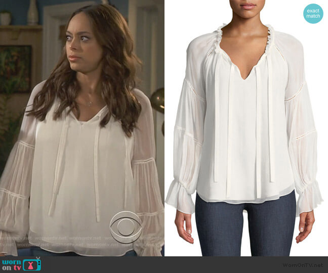 Romy Silk Bell-Sleeve Blouse by Cinq a Sept worn by Claire (Amber Stevens West) on Happy Together