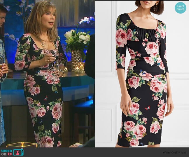 Ruched floral-print stretch-silk charmeuse midi dress by Dolce & Gabbana worn by Kate Roberts (Lauren Koslow) on Days of our Lives