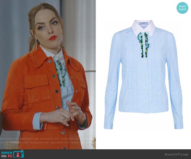 Embellished Striped Shirt by Prada worn by Fallon Carrington (Elizabeth Gillies) on Dynasty