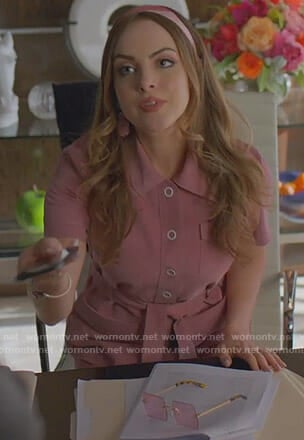 Fallon's pink suede button down top and pants on Dynasty