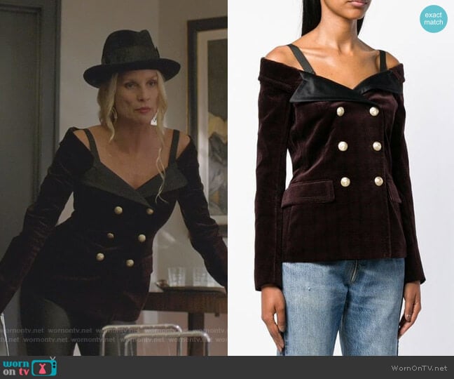 Off-The-Shoulder Blazer Top by Faith Connexion worn by Alexis Carrington (Elaine Hendrix) on Dynasty