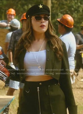 Fallon's green cropped jacket and zip front mini skirt on Dynasty