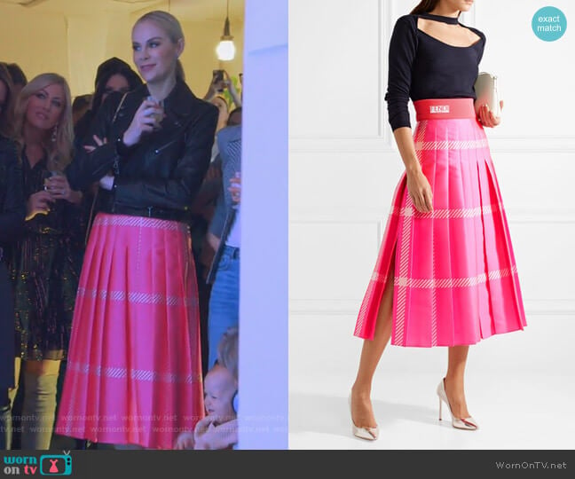 Pleated Checked Jacquard Midi Skirt by Fendi worn by Kameron Westcott on The Real Housewives of Dallas