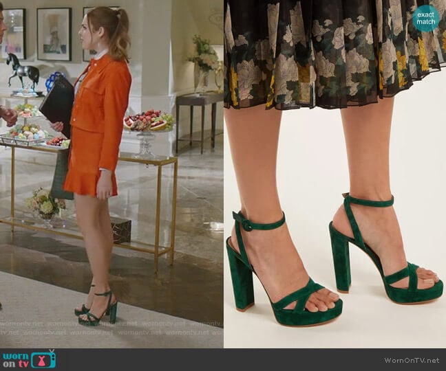 Poppy Suede Platform Sandals by Gianvito Rossi worn by Fallon Carrington (Elizabeth Gillies) on Dynasty