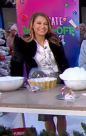 Ginger's white ruffled blouse and grey skirt on Good Morning America