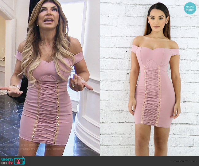 Off Shoulder Corset Bodycon Dress by Giti worn by Teresa Giudice on The Real Housewives of New Jersey