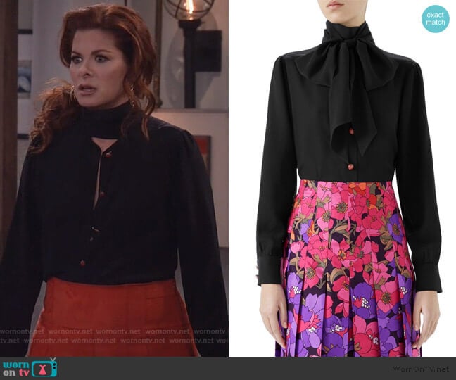 Long-Sleeve Lady Bug Button Tie-Neck Blouse by Gucci worn by Grace Adler (Debra Messing) on Will and Grace