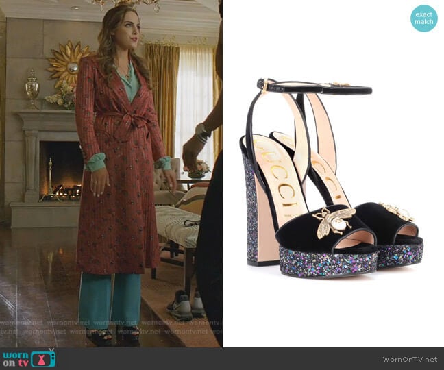 Velvet Sandal with Bee by Gucci worn by Fallon Carrington (Elizabeth Gillies) on Dynasty