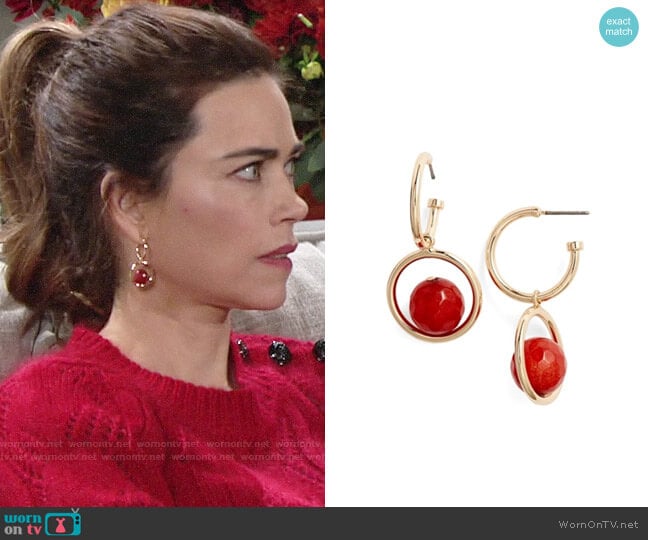 Halogen Stone Drop Hoop Earrings worn by Victoria Newman (Amelia Heinle) on The Young and the Restless