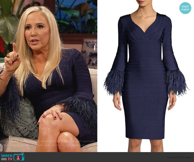 Feather-Trim Bandage Dress by Herve Leger worn by Shannon Beador on The Real Housewives of Orange County