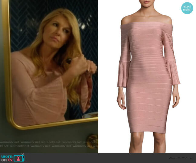 Off-The-Shoulder Bell-Sleeve Cocktail Dress by Herve Leger worn by Debra Newell (Connie Britton) on Dirty John