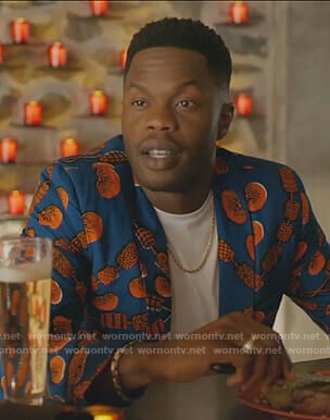 Jeff's blue and orange printed blazer on Dynasty