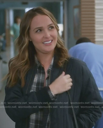 Jo's plaid shirt and quilted bomber jacket on Grey's Anatomy