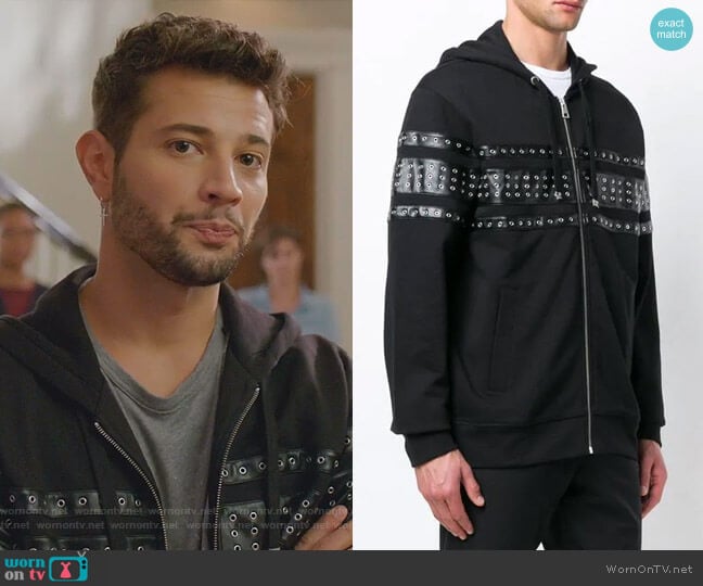 Eyelet Panelled Zipped Hoodie by Just Cavalli worn by Sam Flores (Rafael de la Fuente) on Dynasty