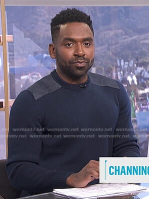 Justin’s navy shoulder patch sweater on E! News Daily Pop