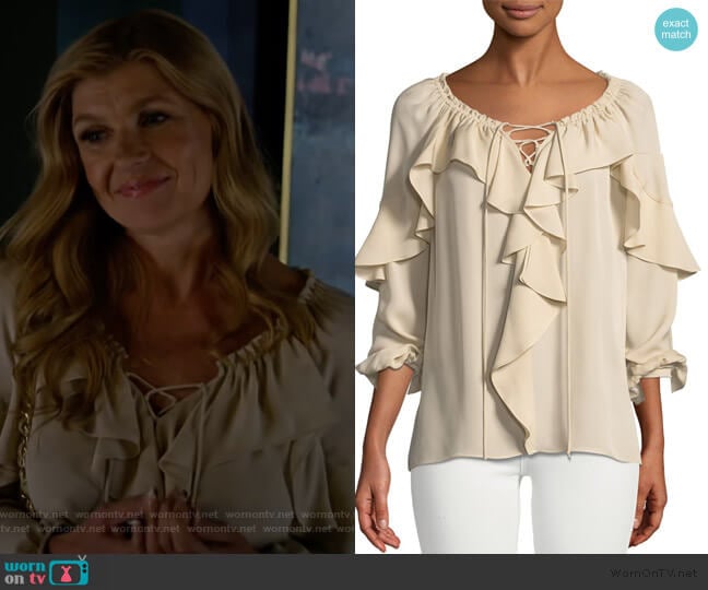 Sevan Ruffled Silk Blouse by Kobi Halperin worn by Debra Newell (Connie Britton) on Dirty John