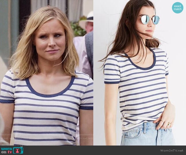 Madewell Recycled Cotton Ringer Tee in Harmon Stripe worn by Eleanor Shellstrop (Kristen Bell) on The Good Place