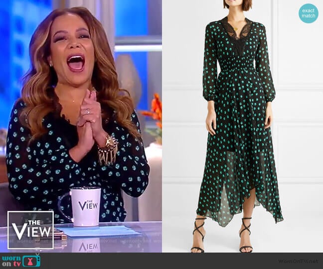 Asymmetric lace-trimmed printed chiffon dress by Maje worn by Sunny Hostin on The View