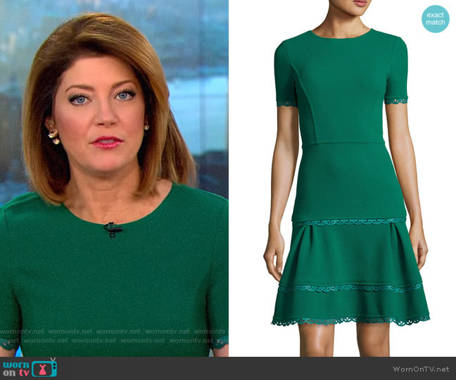 Short-Sleeve Lace-Trim Dress by Oscar de la Renta worn by Norah O'Donnell  on CBS Mornings