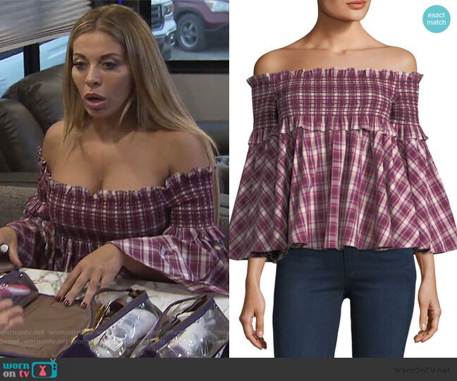 Davenport Off-the-Shoulder Smocked Plaid Top by Petersyn worn by Dolores Catania  on The Real Housewives of New Jersey