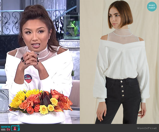 White Mesh Off The Shoulder Sweatshirt by Pixie Market worn by Jeannie Mai  on The Real