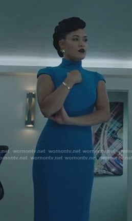 Reeva's blue cap sleeve sheath dress on The Gifted