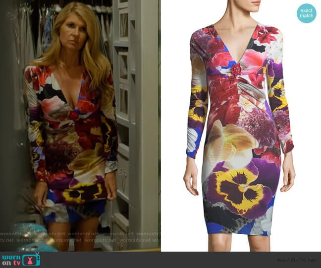 V-Neck Long-Sleeve Fitted Floral-Print Dress by Roberto Cavalli worn by Debra Newell (Connie Britton) on Dirty John