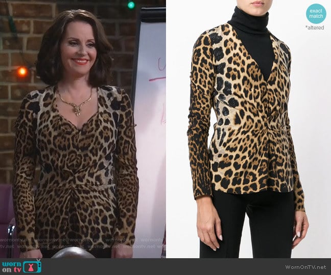 Leopard Print Gathered Blouse by Saint Laurent worn by Karen Walker (Megan Mullally) on Will and Grace