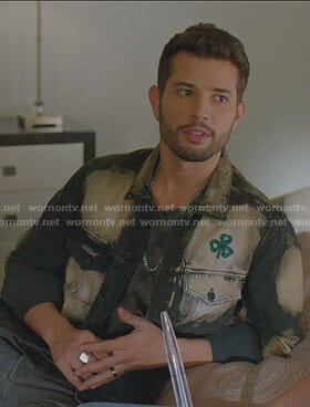 Sam’s dyed denim jacket with clover patch on Dynasty