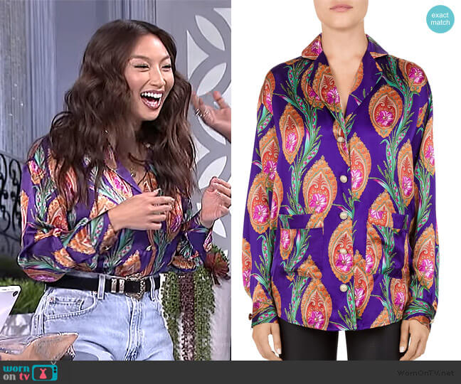Hindu Flower Print Silk Shirt by The Kooples worn by Jeannie Mai on The Real