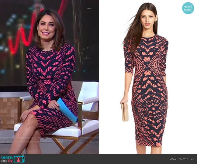 Tie Dye Print Crepe Midi Sheath Dress by Maggy London worn by Cecilia Vega on Good Morning America