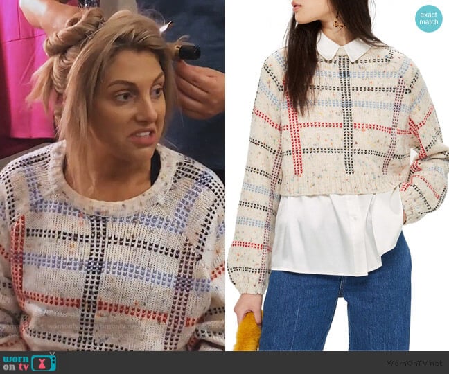 Check Pattern Sweater by Topshop worn by Gina Kirschenheiter on The Real Housewives of Orange County