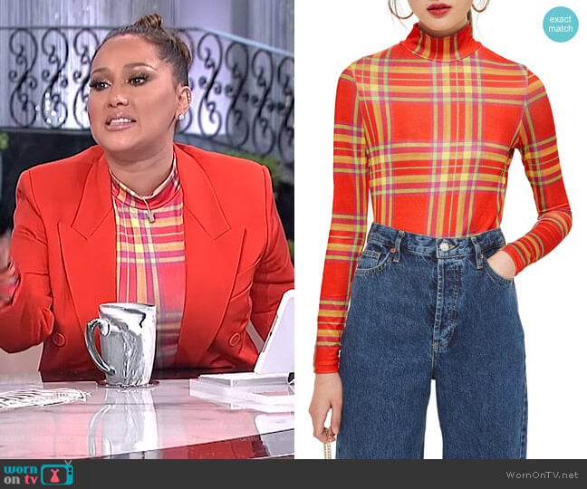 Check Slinky Funnel Neck Top by Topshop worn by Adrienne Houghton on The Real