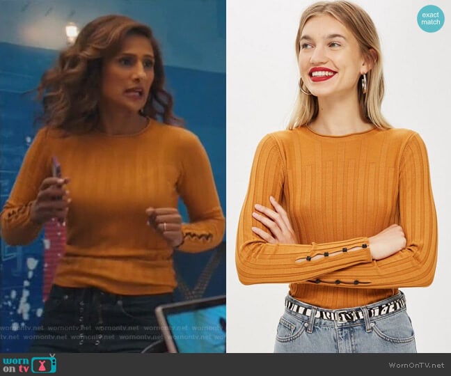 Ribbed Button Sleeve Top by Topshop worn by Emet Kamala-Sweetzer (Sarayu Blue) on I Feel Bad