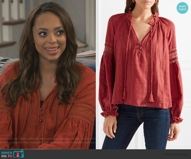 Kalina lace-trimmed cotton blouse by Veronica Beard worn by Claire (Amber Stevens West) on Happy Together