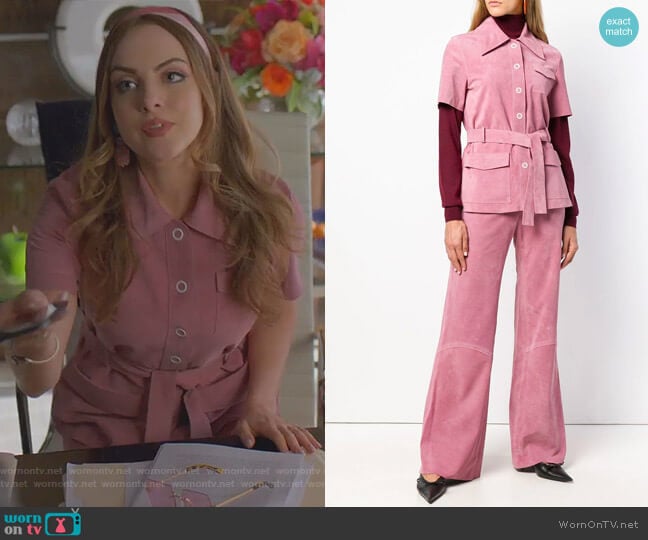 Suede Button-Front Belted Safari Top and pants by Victoria Beckham worn by Fallon Carrington (Elizabeth Gillies) on Dynasty