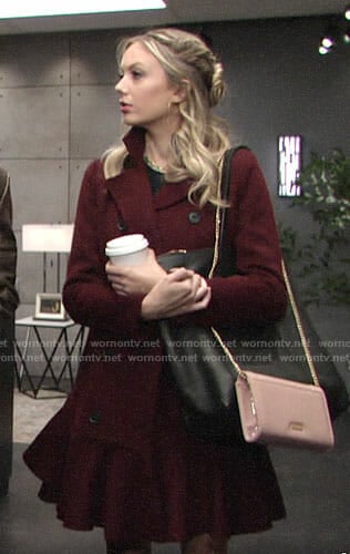 Abby’s burgundy flared hem coat on The Young and the Restless