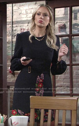 Abby’s navy dress with floral embroidery on The Young and the Restless